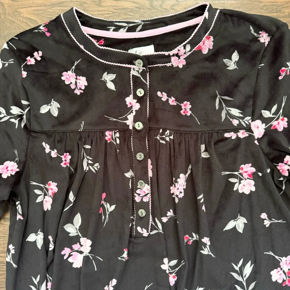 Aria Collections Floral Fleece Long Sleeve Black Buttoned Sleep Gown Womens L - Picture 2 of 6